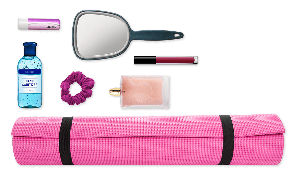 Personal Items: Mirror, Lip Balm, Hand Sanitizer, Ponytail Holder, Yoga Mat, Perfume