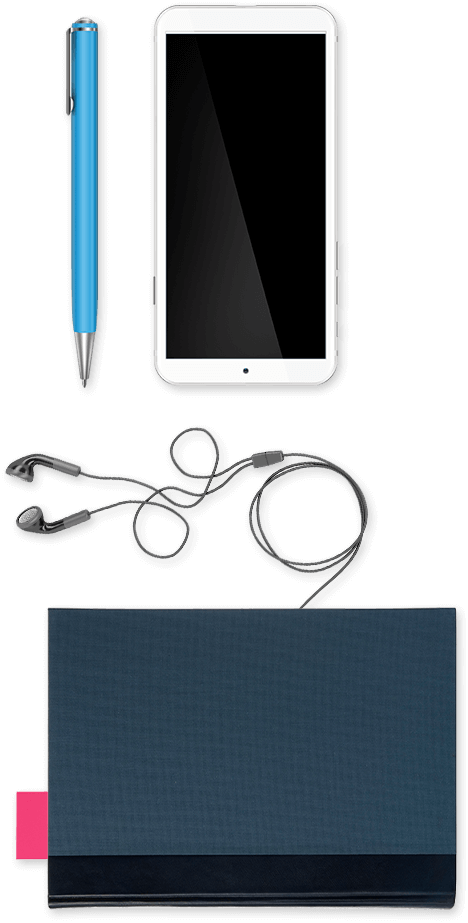 Pen, Mobile Phone, Headphones, and Journal